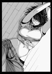 1girl glasses hachinuki_tetsuyo highres navel she_(hachinuki_tetsuyo) short_hair tagme tongue