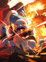 absurdres blastoise clenched_teeth clothed_pokemon coat commentary_request evolutionary_line fire gen_1_pokemon highres hoishere7 holding nintendo no_humans open_clothes open_coat open_mouth pokemon pokemon_(creature) pokemon_focus red_eyes squirtle squirtle_squad standing sunglasses teeth wartortle