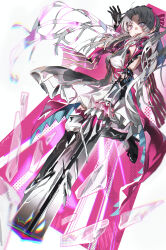 1girl absurdres black_boots black_gloves boots bow breasts broken_glass carlotta_(wuthering_waves) commentary dress floating_hair glass gloves gun hair_bow hand_up high_heel_boots high_heels highres holding holding_gun holding_weapon jacket looking_at_viewer medium_breasts milbi parted_bangs parted_lips pink_bow pink_jacket solo striped_bow thigh_boots weapon white_dress white_eyes white_hair wuthering_waves