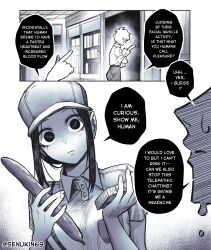 Rule 34 | 1boy, 2girls, absurdres, artist name, blush, breast pocket, breasts, buttons, closed mouth, commentary, cucumber, english text, food, greyscale, hat, highres, holding, holding food, holding vegetable, kin (senukin), monochrome, multiple girls, my co-worker is an eldritch x, no pupils, pocket, pointing, pointing at another, senukin, shirt, short hair with long locks, short sleeves, simple background, speech bubble, sweat, telepathy, vegetable, white background, wing collar