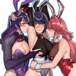 3girls @_@ animal_ear_hairband animal_ears armpits bare_arms blush breasts cleavage closed_mouth commentary earrings english_commentary fake_animal_ears fox_ears genshin_impact girl_sandwich grabbing_another&#039;s_breast groping hairband hand_on_another&#039;s_waist highres jewelry kiegenshin kujou_sara large_breasts leotard long_hair multiple_girls pink_hair playboy_bunny purple_eyes purple_hair purple_leotard purple_shrug rabbit_ear_hairband rabbit_ears raiden_shogun sandwiched simple_background smile strapless strapless_leotard white_background wrist_cuffs yae_miko yellow_eyes yuri