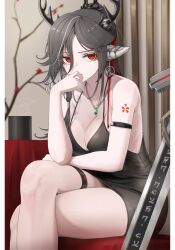 1girl absurdres animal_ears antlers arknights armband bare_shoulders black_dress black_hair breasts chain chain_necklace cleavage covering_own_mouth crossed_legs deer_antlers deer_ears deer_girl dress earrings gem green_gemstone hair_ornament highres horns jewelry large_breasts long_hair looking_at_viewer mildt necklace qiubai_(arknights) red_eyes sitting solo sword thigh_strap weapon