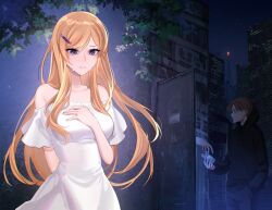 1boy 1girl 1other arm_behind_back bags_under_eyes bare_shoulders black_hoodie blonde_hair breasts brown_hair building city commentary commission crying door dress hair_ornament hairclip hand_in_pocket hand_on_own_chest highres hood hoodie long_hair medium_breasts money off-shoulder_dress off_shoulder original purple_eyes sakichka streaming_tears tears white_dress