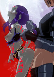 1boy 1girl bare_shoulders body_markings breasts censored colored_skin commentary dc_comics deathstroke english_commentary full_moon grabbing_another&#039;s_arm grabbing_another&#039;s_hair grey_skin highres huge_moon jcm2 long_hair medium_breasts moon mosaic_censoring nipples open_mouth penis purple_eyes purple_hair pussy_juice rape raven_(dc) sex sex_from_behind solo_focus teen_titans torn_clothes