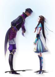 Rule 34 | arms behind back, black hair, blue eyes, brown hair, coat, facial hair, goatee, hair ribbon, hayakawa-dono, high collar, japanese clothes, kimono, leaning forward, lips, long bangs, long hair, matsunaga hisahide, multicolored hair, parted bangs, ribbon, sengoku musou, smile, socks, two-tone hair, white hair, white socks