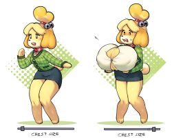1girl animal_crossing animal_ears animal_hands artist_name barefoot bell blonde_hair blue_skirt blush body_slider breast_expansion breasts buck_teeth collar covered_erect_nipples dog_ears dog_girl dog_tail embarrassed english_text female_focus full_body furry furry_female gameplay_mechanics gigantic_breasts green_jacket hair_bell hair_ornament hair_tie hand_up happy isabelle_(animal_crossing) jacket jingle_bell knees_together_feet_apart long_sleeves looking_down miniskirt multiple_views neck_ribbon nintendo nose_blush open_mouth pawpads pencil_skirt plaid_clothes plaid_jacket popped_button red_ribbon ribbon shirt short_hair simple_background skindentation skirt slider sliders small_breasts smile standing sweat taiikodon tail teeth topknot twitter_username white_background white_eyes white_shirt