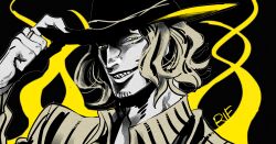 Rule 34 | 1boy, adjusting clothes, adjusting headwear, black background, facial hair, hand up, hat, highres, jewelry, looking at viewer, male focus, medium hair, n boru, original, portrait, ring, sharp teeth, solo, stubble, teeth, two-tone background, yellow background, yellow eyes