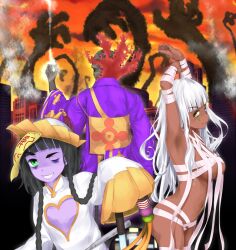 Rule 34 | 1boy, 2girls, ancient egyptian, armpits, arms up, bald, bandaged arm, bandages, black hair, blunt bangs, braid, breasts, building, china dress, chinese clothes, cleavage cutout, clothing cutout, cloud, colored skin, commentary, cowboy shot, dark-skinned female, dark skin, diamond facial mark, dress, energy, facial mark, flat chest, geokinesis, green eyes, grin, hand up, height difference, high priest (toaru majutsu no index), jiangshi, large breasts, long hair, long sidelocks, looking at viewer, magic, mark under eye, multiple girls, mummy, naked bandage, navel, nephtys, niang-niang, ofuda, old, old man, one eye closed, orange sky, outdoors, purple robe, purple skin, robe, shin (highest1192), sidelocks, sky, smile, toaru majutsu no index, toaru majutsu no index: new testament, twin braids, undead, upper body, very long sleeves, white dress, white hair, wide sleeves, yellow eyes
