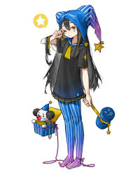 1girl black_hair black_shirt blue_hat full_body hammer hand_up hat highres holding holding_hammer jack-in-the-box long_hair one_eye_closed original rinotuna shirt short_sleeves simple_background solo standing white_background yellow_eyes