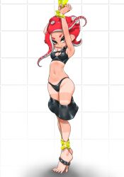 Rule 34 | 1girl, accessory tan, agent 8 (splatoon), armpits, barefoot, bdsm, bikini, black panties, black skirt, bondage, bound, bound ankles, bound feet, bound wrists, breasts, cameltoe, cleavage, cleavage cutout, clothes pull, clothing cutout, crop top, fingernails, full body, grid background, halterneck, highleg, highleg bikini, highres, koharu2.5, light frown, long hair, looking at viewer, medium breasts, miniskirt, mole, mole on thigh, navel, nintendo, octoling, orange eyes, panties, pointy nose, red hair, restrained, sharp fingernails, sharp toenails, shorts tan, skirt, skirt pull, splatoon (series), swimsuit, tan, tanline, tanlines, tentacle hair, tiptoes, toenails, underwear