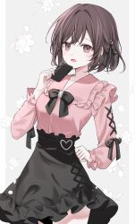 1girl :d black_bow black_bowtie black_ribbon black_skirt blush bow bowtie brown_eyes brown_hair cellphone cjdcjd616 frills hair_ribbon heart highres holding holding_phone jirai_kei long_sleeves looking_at_viewer open_mouth phone pink_shirt project_sekai ribbon shinonome_ena shirt short_hair skirt smile solo