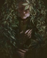1boy brown_gloves closed_eyes emiel_regis facial_hair fingerless_gloves gloves grey_hair highres leaf mutton_chops plant short_hair shu-bullshit solo the_witcher_(series) the_witcher_3 upper_body