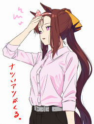 Rule 34 | 1girl, absurdres, animal ears, appleq, arm up, black pants, bow, breasts, brown hair, collared shirt, commentary request, dress shirt, flower-shaped pupils, grey background, hairband, highres, horse ears, horse girl, horse tail, long hair, pants, parted lips, pink bow, pink hairband, pink shirt, polka dot, polka dot bow, polka dot hairband, ponytail, purple eyes, sakura bakushin o (umamusume), shirt, sidelocks, simple background, small breasts, solo, sweat, symbol-shaped pupils, tail, teeth, translation request, umamusume, upper teeth only, very long hair