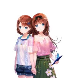 4girls black_headband blue_eyes blue_hair blue_shirt blue_shorts brown_hair cowboy_shot fuzichoco green_skirt hair_ornament hairclip headband highres holding_hands long_hair majo_(yumeutsutsu) multiple_girls nie_(yumeutsutsu) official_art ohtori_ai one_side_up pink_hair pink_shirt pleated_skirt shirt short_hair short_sleeves shorts siblings sisters skirt transparent_background yanagiya_kokoro yumeutsutsu_re:master