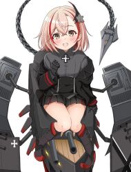 1girl aged_down amamiya_akira azur_lane black_jacket black_skirt blonde_hair blush boots brown_eyes buttons collared_shirt commentary_request cropped_jacket cross dress_shirt flower flower_on_head grey_shirt hair_between_eyes headgear horns iron_cross jacket long_sleeves looking_at_viewer mechanical_hands mechanical_horns mechanical_tail miniskirt multicolored_hair off_shoulder open_clothes open_jacket open_mouth pleated_skirt red_hair rigging roon_(azur_lane) ship_turret shirt short_hair simple_background sitting skirt smile solo streaked_hair tail two-tone_hair white_background