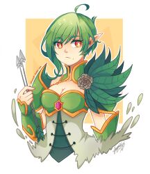 1girl arrow_(projectile) breasts cleavage commentary english_commentary flower_ornament gem green_hair highres holding holding_arrow leaf leaf_clothing mole mole_under_mouth original pointy_ears red_gemstone sandragh short_hair signature simple_background solo upper_body vambraces white_background yellow_eyes