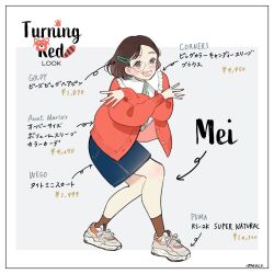 Rule 34 | 1girl, animification, black hair, braces, brown eyes, brown hair, character name, copyright name, earrings, glasses, happy, jewelry, looking at viewer, meecosme, meilin lee, open mouth, shirt, short hair, smile, solo, turning red