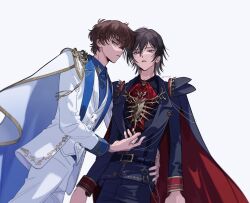 Rule 34 | 2boys, arm around waist, ascot, belt, belt buckle, black belt, black cape, black hair, black pants, blue shirt, brown hair, buckle, cape, closed mouth, code geass, collared shirt, cowboy shot, from behind, gem, green eyes, hair between eyes, highres, jacket, kururugi suzaku, lelouch vi britannia, male focus, multiple boys, panties, pants, parted lips, purple eyes, red ascot, red cape, red gemstone, shirt, short hair, suit jacket, twitter username, two-sided cape, two-sided fabric, underwear, vest, waistcoat, white background, white cape, white jacket, white panties, white vest, yaoi, yorusl