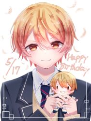 Rule 34 | 1boy, blonde hair, closed mouth, collared shirt, gradient hair, hair between eyes, happy birthday, highres, long sleeves, looking at viewer, male focus, multicolored hair, orange eyes, orange hair, portrait, project sekai, raito paint, shirt, short hair, simple background, smile, stuffed toy, tenma tsukasa, white background