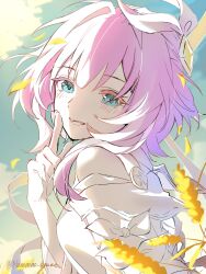 1girl bare_shoulders blue_eyes blue_sky coat commentary_request cyrene_(honkai:_star_rail) hair_ornament highres honkai:_star_rail honkai_(series) medium_hair nononono_bouzu outdoors parted_lips pink_hair sky smile solo twitter_username wheat