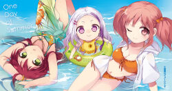 029 3girls :o ahoge arms_up arras_ramus bikini blush braid breasts brown_eyes brown_hair child cleavage closed_mouth collarbone cowboy_shot english_text frilled_bikini frills front-tie_top full_body green_eyes hair_between_eyes hataraku_maou-sama! highres innertube jacket large_breasts long_hair looking_at_viewer lying multiple_girls navel ocean on_back one_eye_closed open_clothes open_jacket open_mouth orange_bikini partially_submerged purple_eyes purple_hair red_hair sasaki_chiho short_sleeves side-tie_bikini_bottom side_braid smile standing swim_ring swimsuit thighs twintails water white_jacket yusa_emi