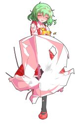1girl black_pantyhose broken_umbrella dairi defeat full_body green_hair highres holding holding_umbrella kazami_yuuka pantyhose red_shoes red_skirt red_vest shirt shoes short_hair skirt solo tachi-e torn_clothes touhou umbrella vest white_shirt