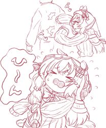 &gt;_&lt; 1boy 1girl blush cardigan commentary_request crying eko_(yu-shao-eko) from_behind highres horse_girl open_mouth punching ribbon sleeves_tied_together still_in_love_(umamusume) teasing tied_sleeves trainer_(umamusume) translation_request umamusume veil white_background
