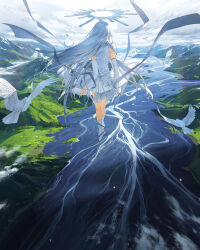 1girl absurdres animal bare_shoulders bird cloud cloudy_sky commentary day detached_sleeves dove english_commentary facing_away floating floating_hair from_behind grey_hair grey_ribbon halo highres long_hair midair miniskirt mountainous_horizon original plantar_flexion pleated_skirt river rural shirt skirt sky socks solo very_long_hair wangan water white_shirt white_skirt white_socks