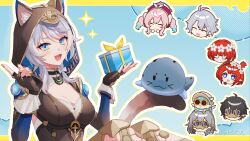 1girl absurdres animal_ear_fluff animal_ears animal_hood aqua_eyes blush breasts brown_gloves brown_hood brown_tail bubbles_(honkai:_star_rail) cat_ears cat_hood cat_tail cipher_(honkai:_star_rail) dan_heng_(honkai:_star_rail) fingerless_gloves gift gloves highres holding holding_gift honkai:_star_rail honkai_(series) hood hood_up hyacine_(honkai:_star_rail) leg_armor long_hair long_sleeves medium_breasts open_mouth phainon_(honkai:_star_rail) pochimaru_(marumaru_wanwan) seal_(animal) smile solo stelle_(honkai:_star_rail) tail trailblazer_(honkai:_star_rail) tribbie_(honkai:_star_rail) trinnon_(honkai:_star_rail) white_hair