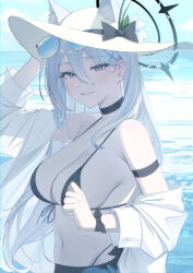 Rule 34 | 1girl, absurdres, alternate costume, animal ear fluff, animal ears, arm strap, arm up, bare shoulders, bikini, black bikini, black bow, black choker, blue-tinted eyewear, blue archive, blush, bow, breasts, choker, cleavage, commentary request, cross, cross hair ornament, ears through headwear, extra ears, front-tie bikini top, front-tie top, grey hair, hair between eyes, hair ornament, hat, hat bow, highres, inverted cross, large breasts, long hair, looking at viewer, mismatched pupils, navel, ocean, off shoulder, open clothes, open shirt, outdoors, pang-yo, shiroko (blue archive), shiroko terror (blue archive), shirt, smile, solo, sun hat, sunglasses, swimsuit, tinted eyewear, upper body, white hat, white shirt, wolf ears, wolf girl, wrist bow