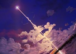 academy_city blue_sky bridge building city cityscape cloud cloudy_sky colorized commentary energy firing gazing_eye glowing haimura_kiyotaka highres no_humans novel_illustration official_art outdoors science_fiction sky sonic_boom_(speed) spoilers suspension_bridge toaru_majutsu_no_index toaru_majutsu_no_index:_new_testament water