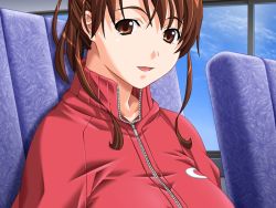 Rule 34 | 1girl, breasts, brown eyes, brown hair, bus, bus interior, chair, cloud, complets, female focus, game cg, hair up, kitahara kimiko, large breasts, looking at viewer, mame, motor vehicle, short hair, sky, smile, solo, teacher, track suit, updo, vehicle, window, yagai gakushuu