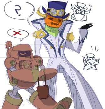 Rule 34 | closed eyes, coat, digimon, digimon (creature), goggles, goggles on head, guardromon, hat, highres, looking at another, noblepumpmon