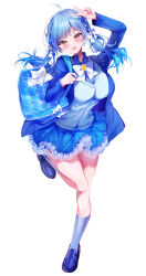 1girl absurdres arm_up blue_bag blue_jacket blue_shirt blue_skirt blue_vest blush bow bowtie breasts frilled_skirt frills full_body hair_ornament highres jacket large_breasts long_hair looking_at_viewer nenobi_(nenorium) open_mouth original plaid_clothes plaid_skirt pleated_skirt shirt simple_background skirt smile solo twintails v vest white_background white_bow white_bowtie yellow_eyes