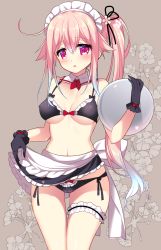 1girl adapted_costume apron bikini black_bikini black_gloves black_ribbon black_skirt blue_hair detached_collar female_focus floral_background frilled_apron frills garter_belt gloves gradient_hair grey_background hair_between_eyes hair_ornament hair_ribbon harusame_(kancolle) highres kantai_collection long_hair looking_at_viewer maid maid_bikini maid_headdress multicolored_hair pink_eyes pink_hair pleated_skirt ribbon ringo_sui side-tie_bikini_bottom side_ponytail skirt solo swimsuit thigh_gap unconventional_maid white_apron