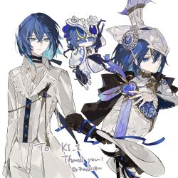 Rule 34 | 1boy, 1girl, absurdres, blue eyes, blue hair, cape, chibi, choker, colored inner hair, cuirass, hair between eyes, hair ornament, hat, helmet, highres, holding, jewelry, long sleeves, multicolored hair, multiple views, original, pants, rgb12800, tailcoat, tuxedo, white background, white tailcoat