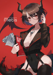 1girl absurdres black_horns black_jacket black_leotard breastless_clothes breastless_leotard breasts brown_hair character_name cleavage cowboy_shot cropped_jacket detached_wings english_text glasses highleg highleg_leotard highres holding horns jacket jewelry katsu_(katsupainter) leotard looking_at_viewer necklace original pointy_ears red_background red_eyes round_eyewear short_hair simple_background solo spiked_tail tail wings