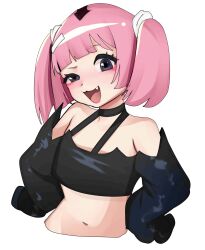 1girl :3 absurdres bare_shoulders black_choker black_eyes black_shirt choker coral_(pokemon) dot_nose eyelashes fang female_focus flat_chest half-closed_eye hands_on_own_hips highres kusogaki looking_at_viewer medium_hair meemz_a midriff navel nintendo off-shoulder_shirt off_shoulder petite pink_hair pokemon pokemon_(anime) pokemon_horizons shirt simple_background sleeves_past_fingers sleeves_past_wrists smug solo twintails upper_body white_background