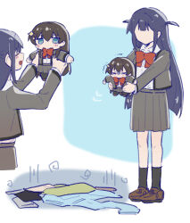 &gt;_&lt; 2girls :d ^^^ black_hair black_pantyhose black_socks blue_background blue_eyes blunt_bangs blush blush_stickers bow bowtie breast_pocket brown_shoes chibi chinese_commentary closed_eyes clothes_on_floor collared_shirt commentary_request faceless facing_another grey_jacket grey_skirt hair_between_eyes hands_up holding_chibi jacket jitome kagura_hikari kneehighs loafers long_hair long_sleeves multiple_girls multiple_views no_sclera open_clothes open_jacket open_mouth outstretched_arms pantyhose pleated_skirt pocket purple_hair red_bow red_bowtie rei931218 school_uniform seishou_music_academy_uniform shaded_face shirt shirt_tucked_in shoes shoujo_kageki_revue_starlight sidelocks skirt smile socks sparkle_hair_ornament standing trembling tsuyuzaki_mahiru two_side_up unworn_clothes very_long_hair white_background white_shirt