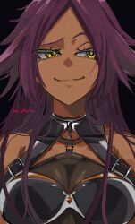 1girl artist_name black_background bleach breasts dark-skinned_female dark_skin female_focus hair_down large_breasts long_hair looking_to_the_side mmsb_551 parted_bangs purple_hair shihouin_yoruichi simple_background smile upper_body yellow_eyes