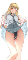 1girl asahina_hikage blonde_hair blush breasts earrings grin highres jewelry kitagawa_marin large_breasts long_hair looking_at_viewer red_eyes skirt smile solo sono_bisque_doll_wa_koi_wo_suru swept_bangs thighs