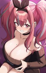 areola_slip azur_lane bare_shoulders blush breasts bremerton_(azur_lane) bremerton_(day-off_date)_(azur_lane) choker cleavage clothes_pull ear_piercing hair_ornament highres huge_breasts jewelry looking_at_viewer mahinatayuzu mole mole_on_breast multicolored_hair piercing pink_eyes pink_hair ring sweater twintails two-tone_hair