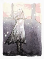 1girl border braid brown_footwear capelet facing_away final_fantasy final_fantasy_xiv from_behind full_body half_up_braid highres leaning long_hair looking_through_window robe sky solo through_window torn_clothes torn_robe venat_(ff14) white_border white_capelet white_hair white_robe wind yellow_sky zoe0701