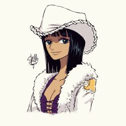1girl artist_name black_hair blue_eyes breasts cleavage commentary cowboy_hat english_commentary eyelashes fur fur-trimmed_jacket fur_trim happy hat highres jacket large_breasts long_hair looking_at_viewer nico_robin nico_robin_(alabasta) one_piece sherumaru_(korcht06) signature simple_background smile solo white_jacket
