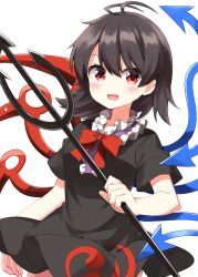 1girl :d asymmetrical_wings black_dress black_hair blue_wings blush bow bowtie center_frills commentary cowboy_shot dress frills highres holding holding_polearm holding_weapon houjuu_nue looking_at_viewer open_mouth polearm red_bow red_bowtie red_eyes red_wings ruu_(tksymkw) short_dress short_hair short_sleeves simple_background smile solo tomoe_(symbol) touhou trident weapon white_background wings