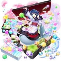 1girl :d adapted_costume alternate_costume arm_up blue_eyes blue_hair box brooch candy cosplay crystal drill_hair drill_sidelocks fins floral_print food food_request frilled_sleeves frills full_body game_cg gem head_fins highres imaizumi_kagerou imaizumi_kagerou_(cosplay) japanese_clothes jewelry kimono long_sleeves looking_at_viewer medium_hair mermaid monster_girl obi official_art open_mouth petal_print print_kimono rotte_(1109) sash sidelocks smile solo sparkle third-party_source touhou touhou_lostword transparent_background wakasagihime wakasagihime_(secret_kohakutou_candy_collection) white_kimono wide_sleeves