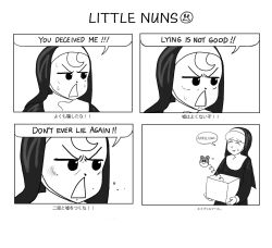 2girls ^_^ angry april_fools bilingual_text closed_eyes comic diva_(hyxpk) english_text froggy_nun_(diva) greyscale habit highres jack-in-the-box left-to-right_manga little_nuns_(diva) mixed-language_text monochrome multiple_girls nervous_smile nun sheep_nun_(diva) smile speech_bubble sweatdrop traditional_nun triangle_mouth
