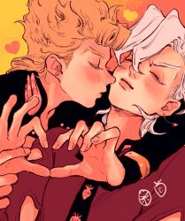2boys arm_around_back black_jacket black_necktie blonde_hair blush bug clothing_cutout colored_eyelashes earrings food-themed_earrings food_themed_earrings giorno_giovanna head_back heart heart_hands highres imminent_kiss insect jacket jewelry jojo_no_kimyou_na_bouken kiss kissing_cheek ladybug male_focus multiple_boys necktie okokoro_zaiku pannacotta_fugo red_shirt shirt strawberry_earrings two-tone_background vento_aureo victory_rolls white_hair yaoi