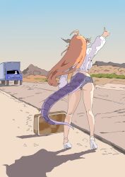 1girl absurdres ahoge alternate_costume cosplay dragon_girl dragon_horns dragon_tail from_behind high_heels highres hitchhiking hololive horns kiryu_coco long_hair long_sleeves onihime_takun orange_hair pointy_ears sabrina_carpenter sabrina_carpenter_(cosplay) scene_reference shirt shoes short_shorts shorts suitcase tail thumbs_up white_shirt white_shoes