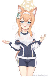 1girl :o absurdres animal_ear_fluff animal_ears batazungharn blue_archive blue_eyes cat_ears cat_girl commentary_request flower gym_shirt gym_shorts gym_uniform hair_between_eyes hair_flower hair_ornament hairband halo highres hot jacket long_hair long_sleeves looking_at_viewer low_ponytail mari_(blue_archive) mari_(track)_(blue_archive) official_alternate_costume open_clothes open_jacket orange_hair ponytail see-through_clothes see-through_shirt shirt short_sleeves shorts sidelocks simple_background solo sweat track_jacket wet wet_clothes wet_shirt white_shirt